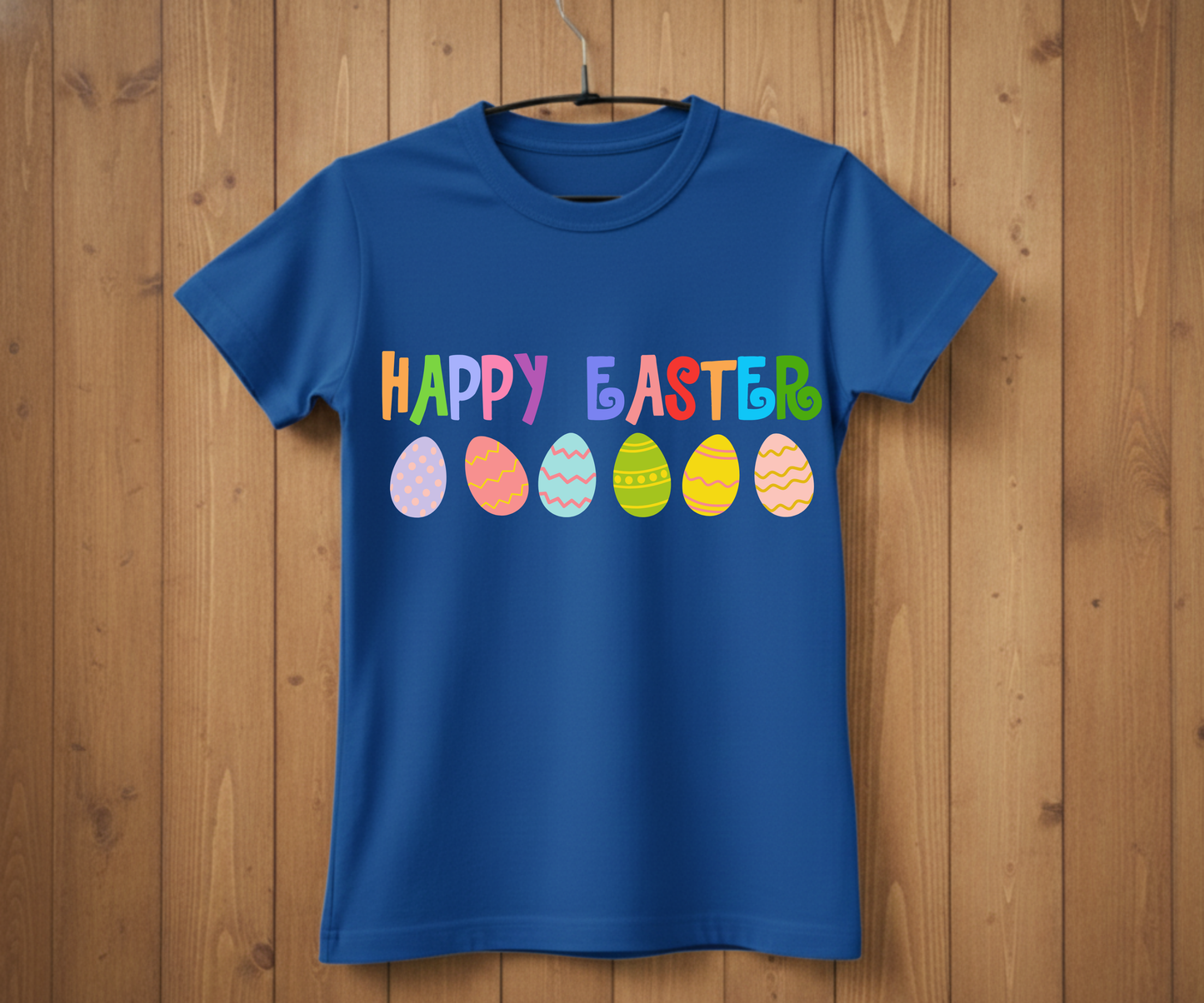 Happy Easter T-Shirt with Colorful Letters & Eggs