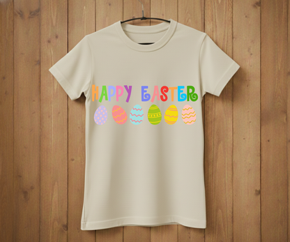 Happy Easter T-Shirt with Colorful Letters & Eggs