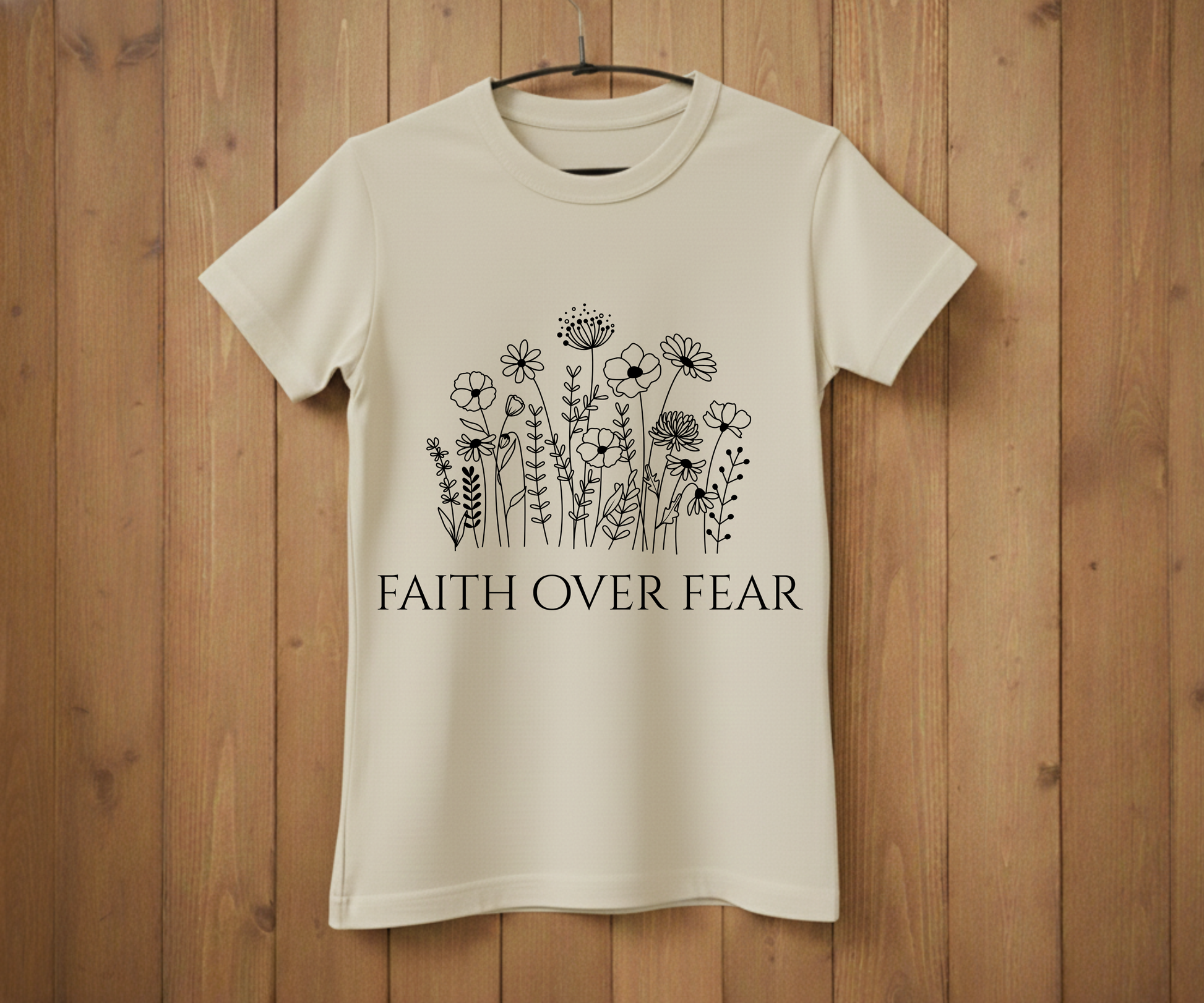Beige t-shirt with floral design and 'Faith Over Fear' text on a wooden background