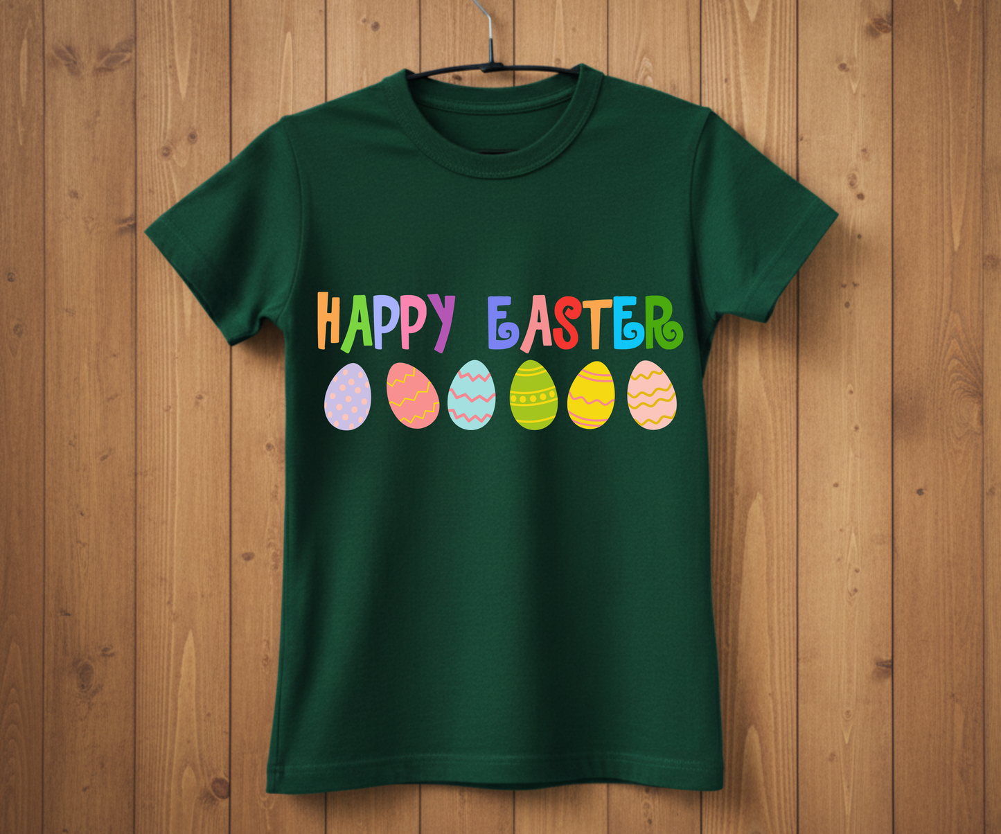 Happy Easter T-Shirt with Colorful Letters & Eggs