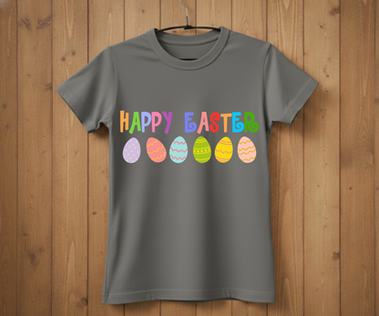 Happy Easter T-Shirt with Colorful Letters & Eggs