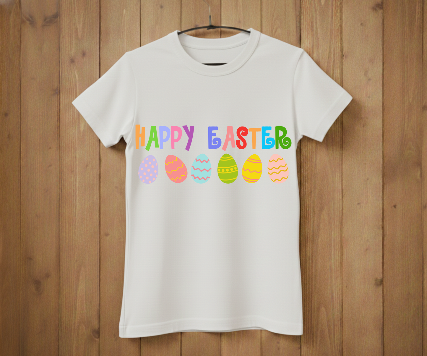 Happy Easter T-Shirt with Colorful Letters & Eggs