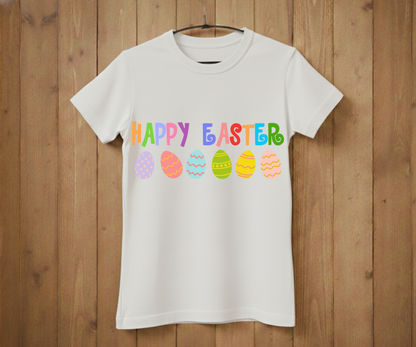 Happy Easter T-Shirt with Colorful Letters & Eggs