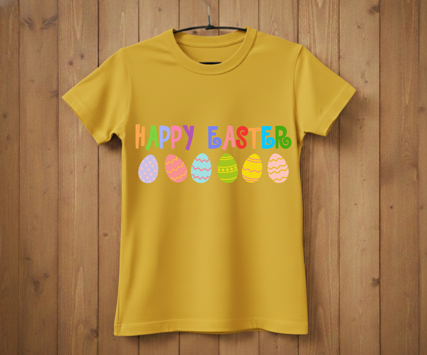 Happy Easter T-Shirt with Colorful Letters & Eggs