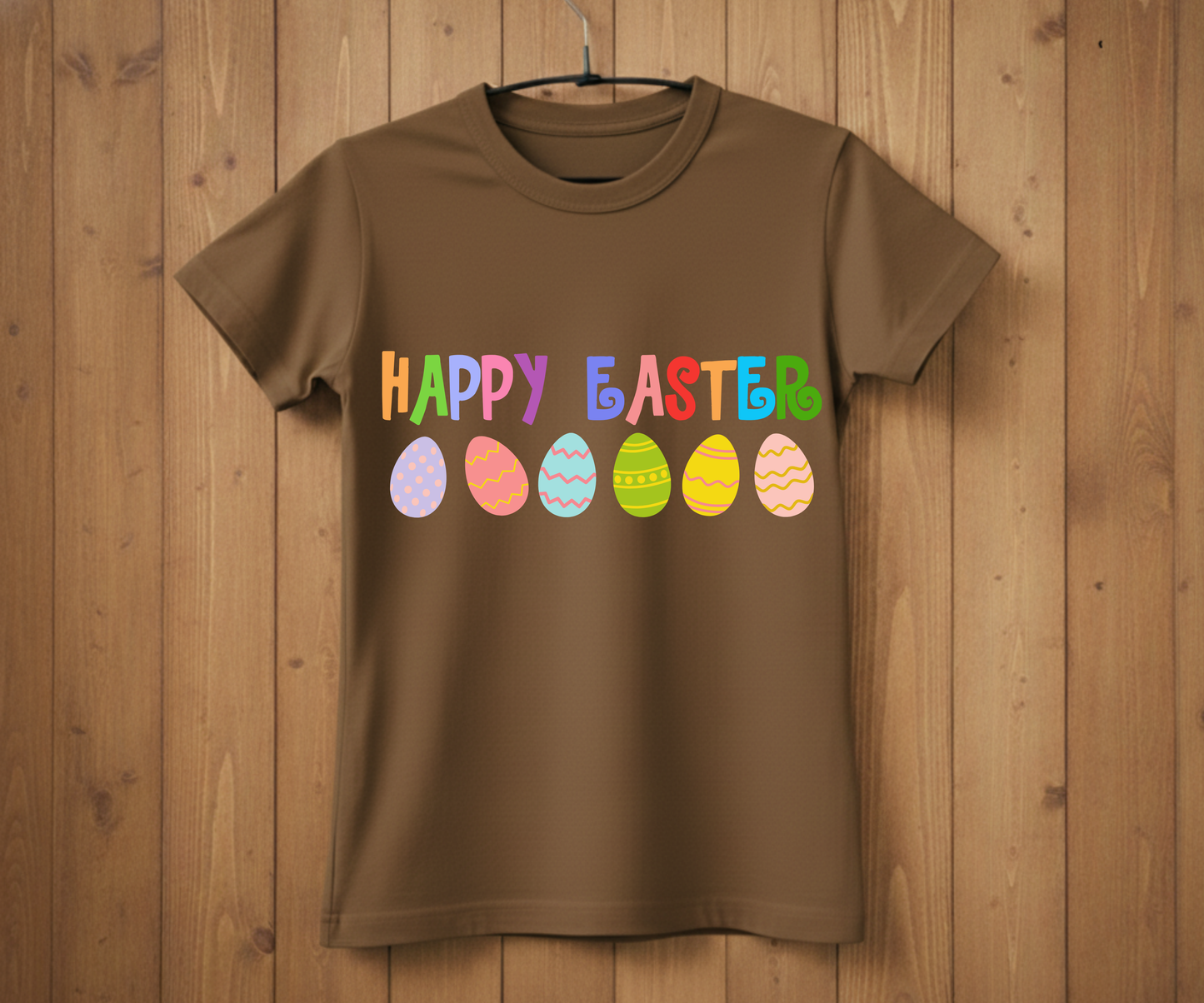 Happy Easter T-Shirt with Colorful Letters & Eggs