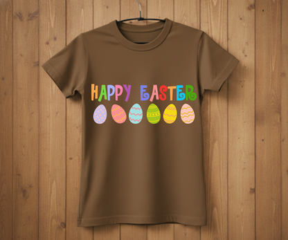 Happy Easter T-Shirt with Colorful Letters & Eggs