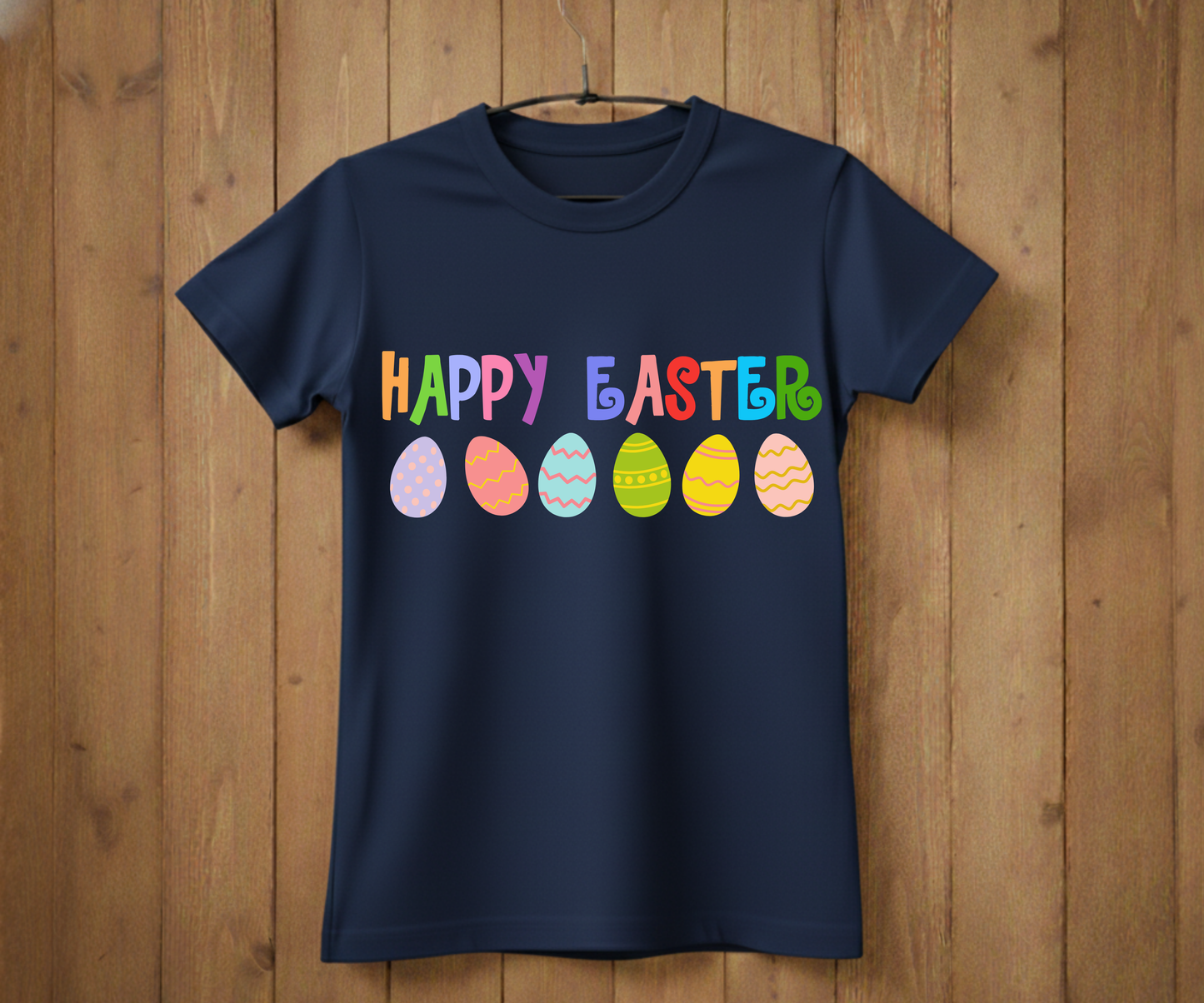 Happy Easter T-Shirt with Colorful Letters & Eggs