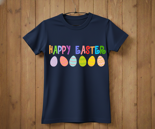 Happy Easter T-Shirt with Colorful Letters & Eggs