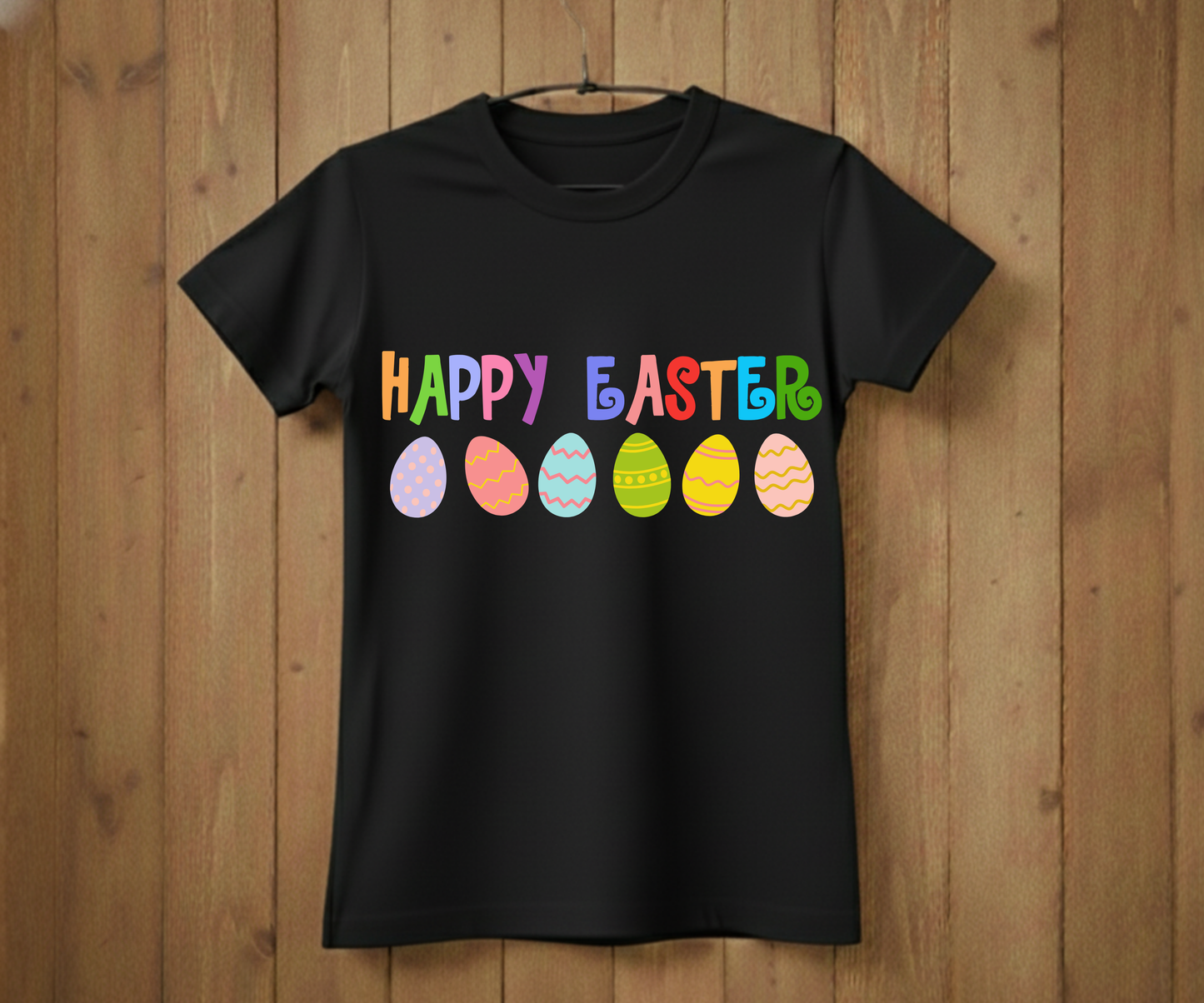 Happy Easter T-Shirt with Colorful Letters & Eggs