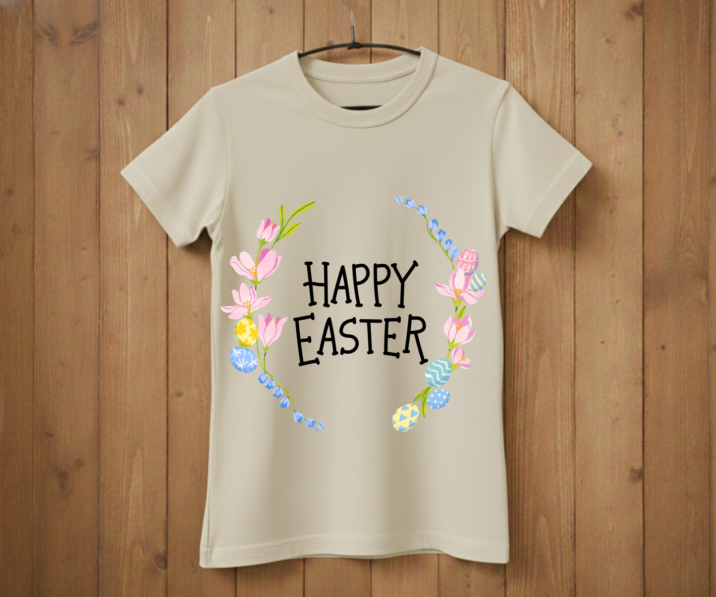 Happy Easter T-Shirt with Flowers &amp; Eggs