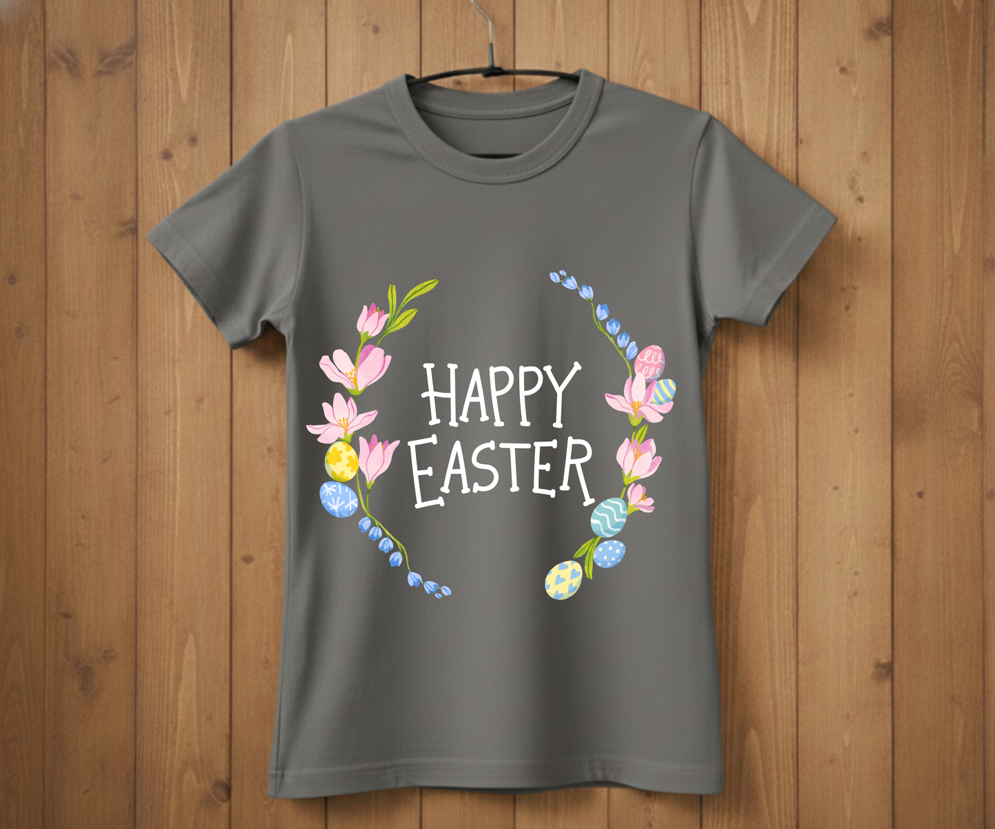 Happy Easter T-Shirt with Flowers &amp; Eggs