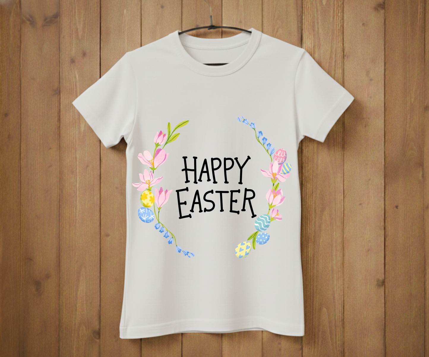 Happy Easter T-Shirt with Flowers &amp; Eggs