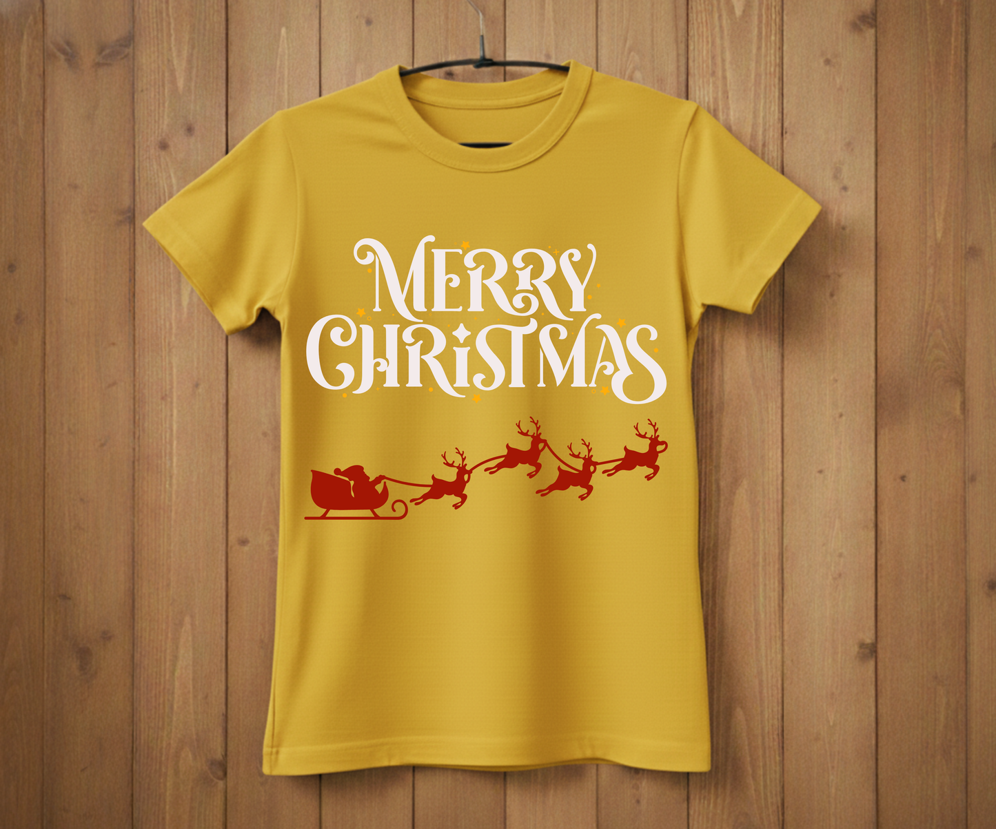 Yellow t-shirt with 'Merry Christmas' and Santa Claus design on a wooden background