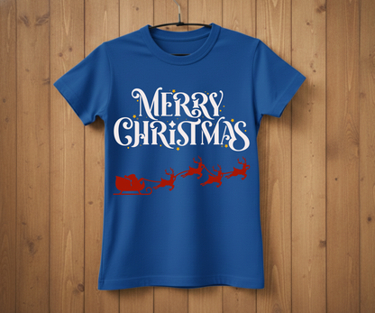 Blue t-shirt with 'Merry Christmas' text and Santa Claus graphic on a wooden background