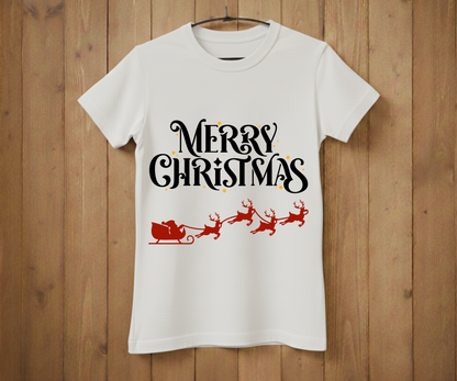 White t-shirt with 'Merry Christmas' text and Santa sleigh design on a wooden background