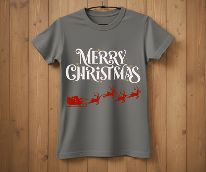 Gray t-shirt with 'Merry Christmas' and Santa Claus graphic on a wooden background