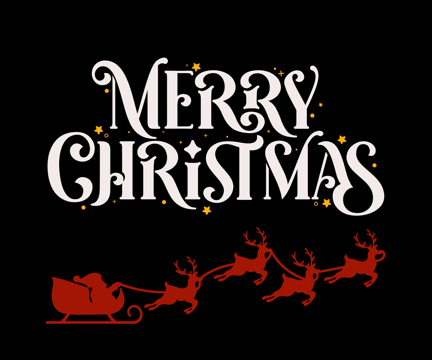 Merry Christmas text with Santa and reindeer silhouette on a black background