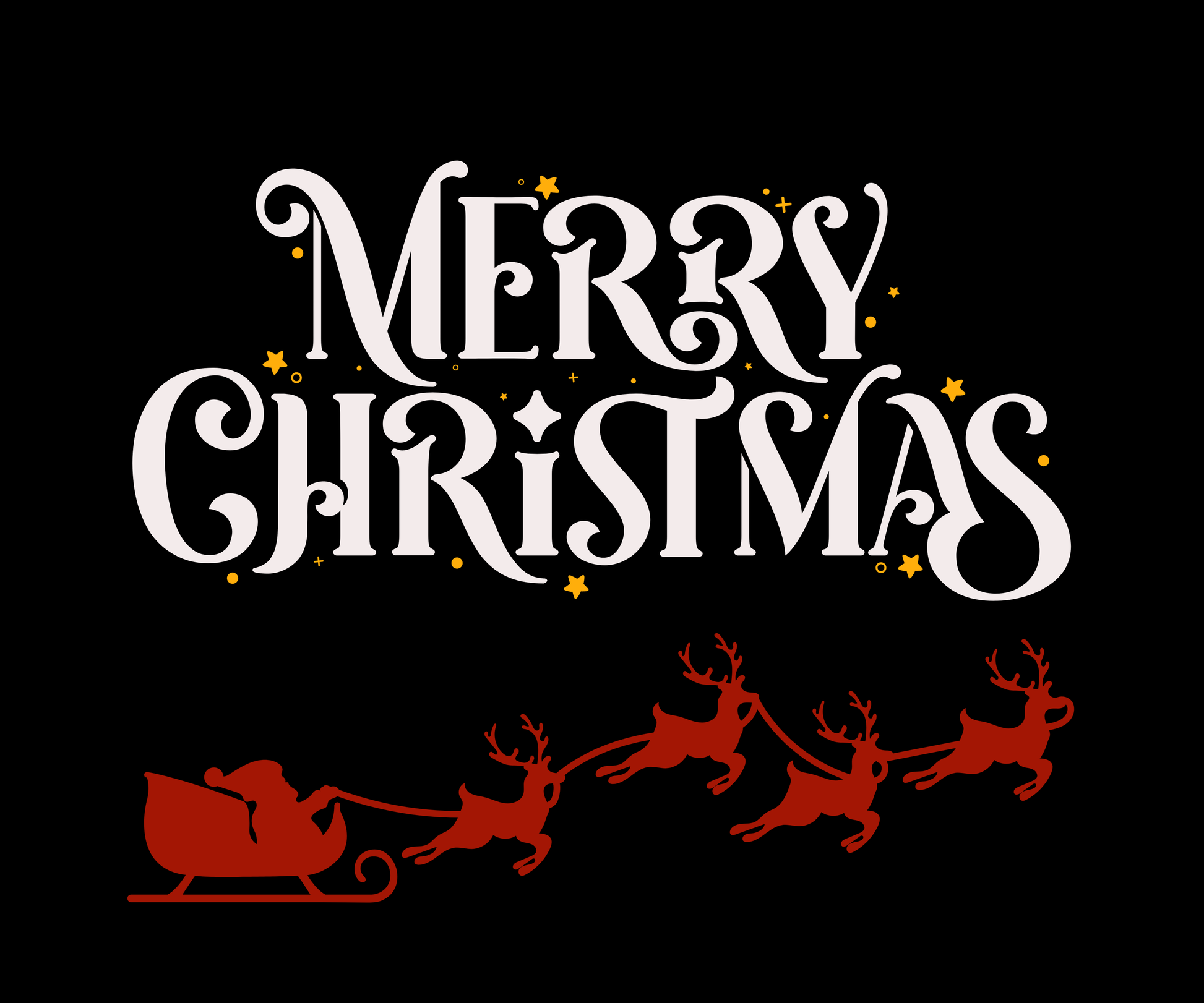 Merry Christmas text with Santa and reindeer silhouette on a black background